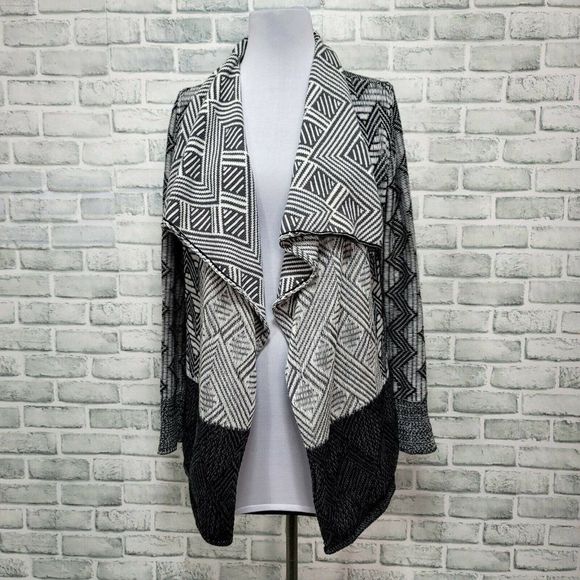 Lucky Brand Womens L Knit Open‎ Front Draped Collar Cardigan Sweater Geo Pattern - Picture 1 of 6